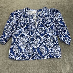 Panama Jack Blue White Beach Print Linen Top Womens Large Puff Sleeves Seashells